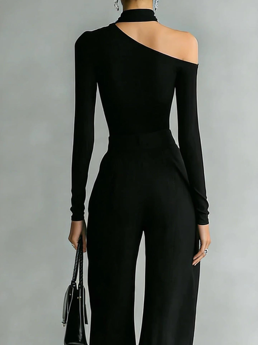 Black Double-zipper Trendy Off-shoulder Long-sleeved Top Two-piece Set