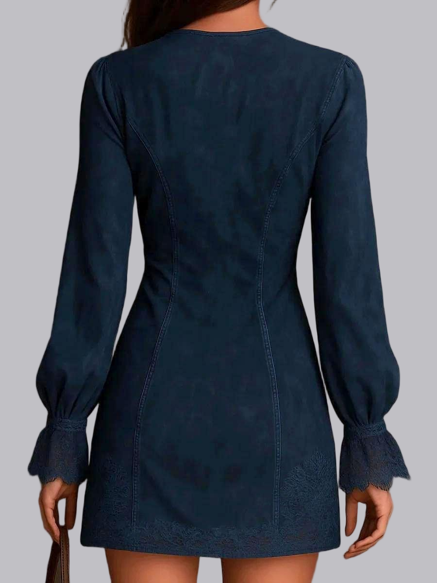 Zipper Lace Trim V-neck Long Sleeve Mini&Short Dresses