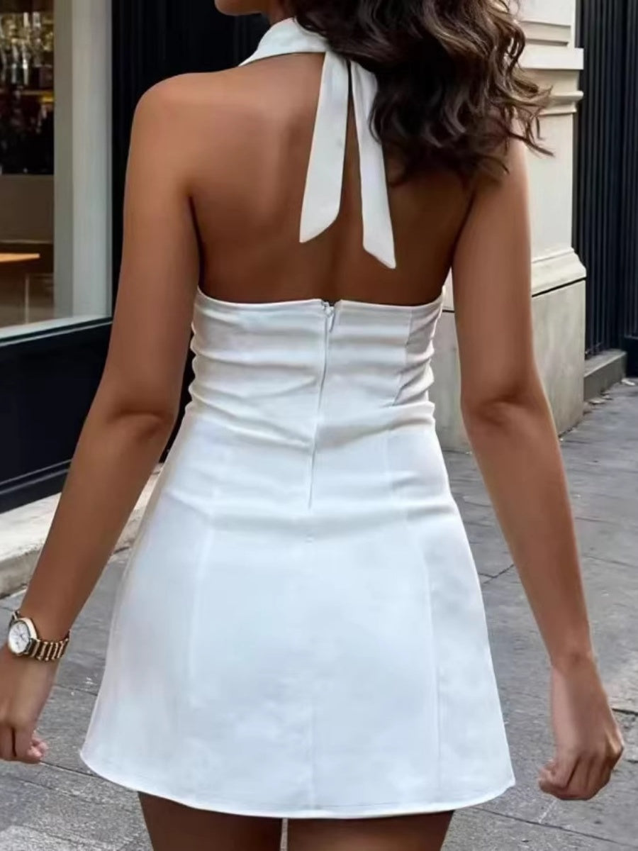 Slim-fit Halter Neck Sleeveless Waist-cinching Hip-hugging Mini&Short Dresses
