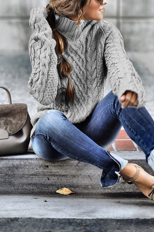 Mockneck Solid Cable Knit Pullover Sweater