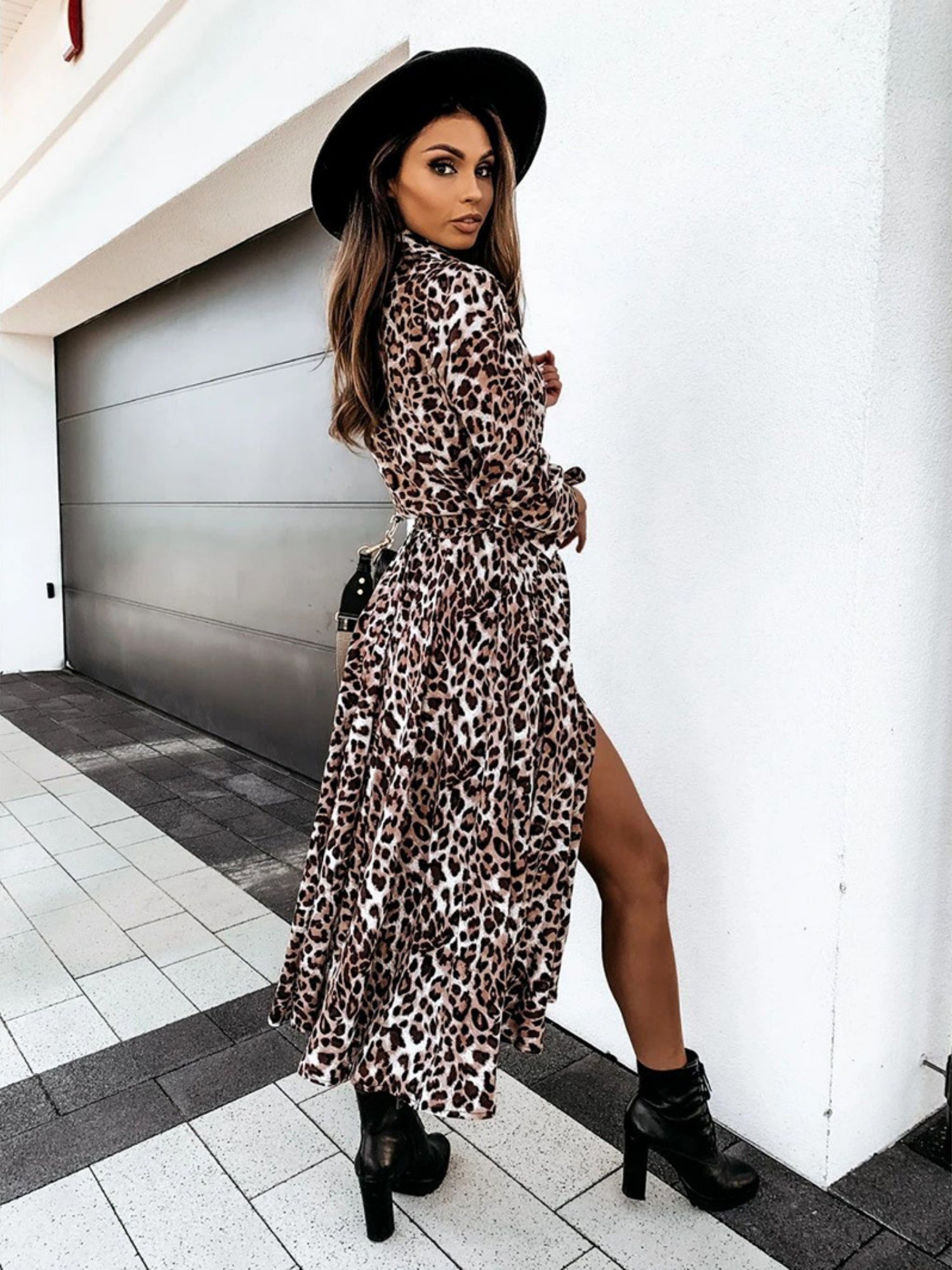 Leopard Print Long Sleeves Large Skirt Maxi Dresses