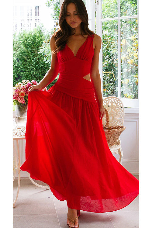 Deep V-Neck Cut Out Waist Sleeveless Wrap Pleated Maxi Dress