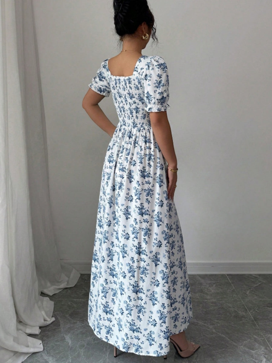 Floral Print Puff Sleeve Ruffle Long Dress