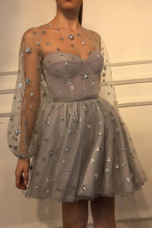 Illusion Yoke Sweetheart Puff Sleeve Star Applique Tulle Mini Dress