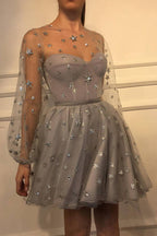 Illusion Yoke Sweetheart Puff Sleeve Star Applique Tulle Mini Dress