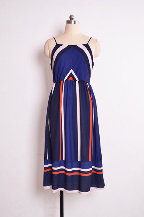 Geometric Chevron Stripe Spaghetti Strap Square Neck A-Line Midi Dress