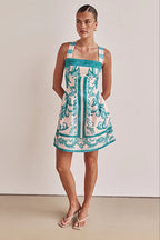 Ornamental Print Square Neck Wide Strap A-Line Mini Dress