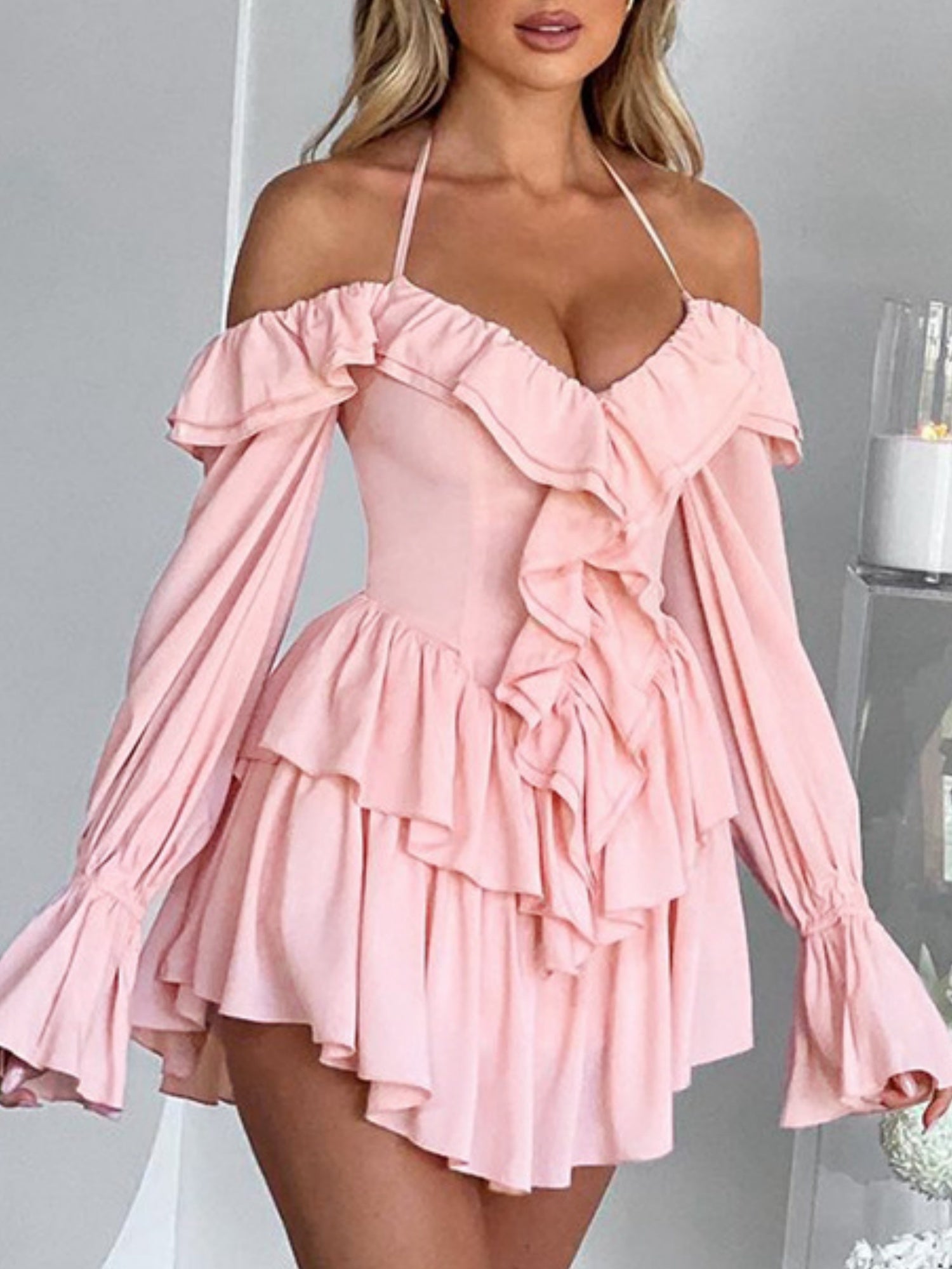 Ruffle Halter Neck Low-cut  Flare Sleeve Sweet Mini&Short Dresses