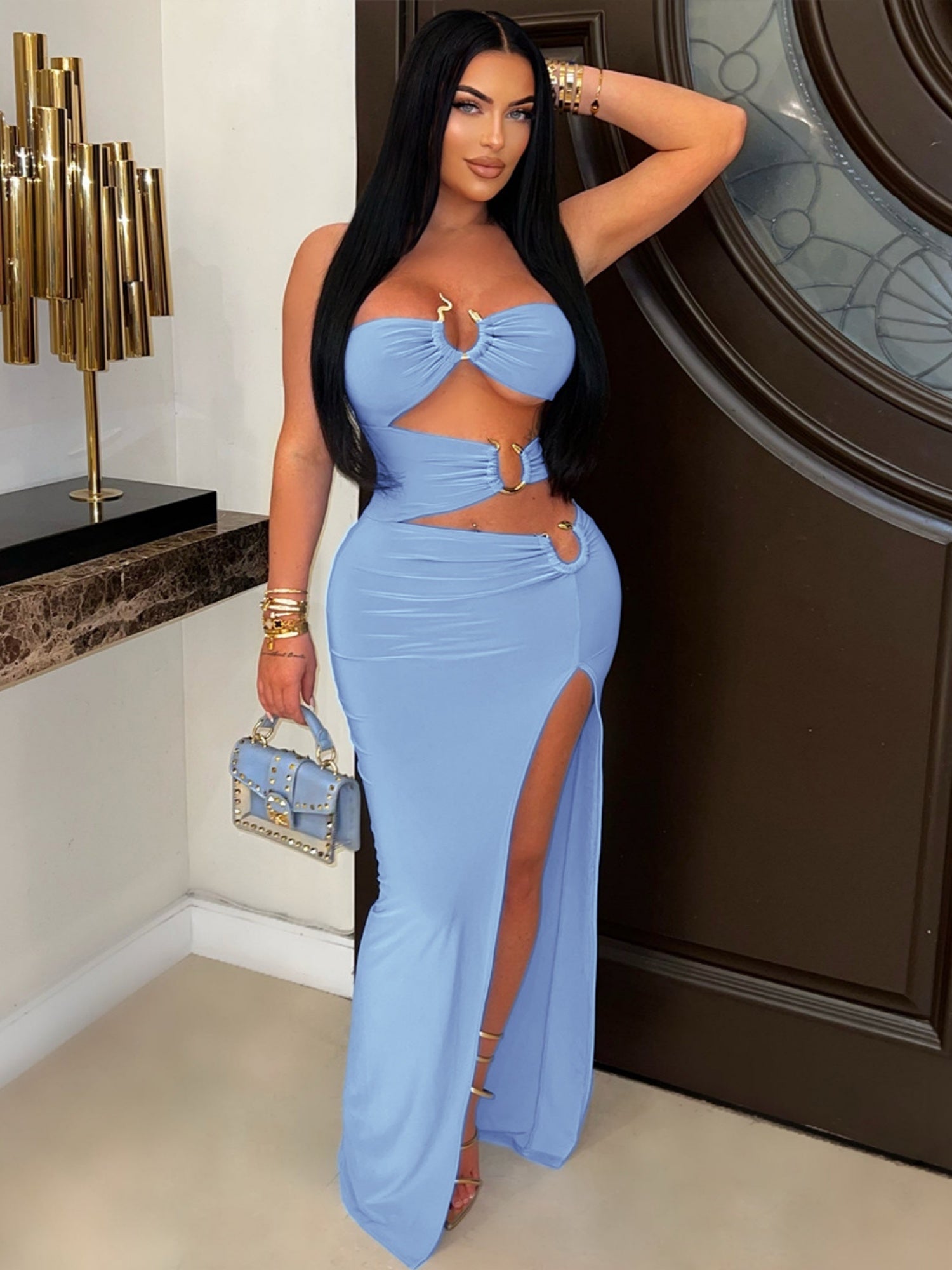 Hollow Out Metal Ring Splicing High Fork Hip Wrap Pleated Maxi Dresses
