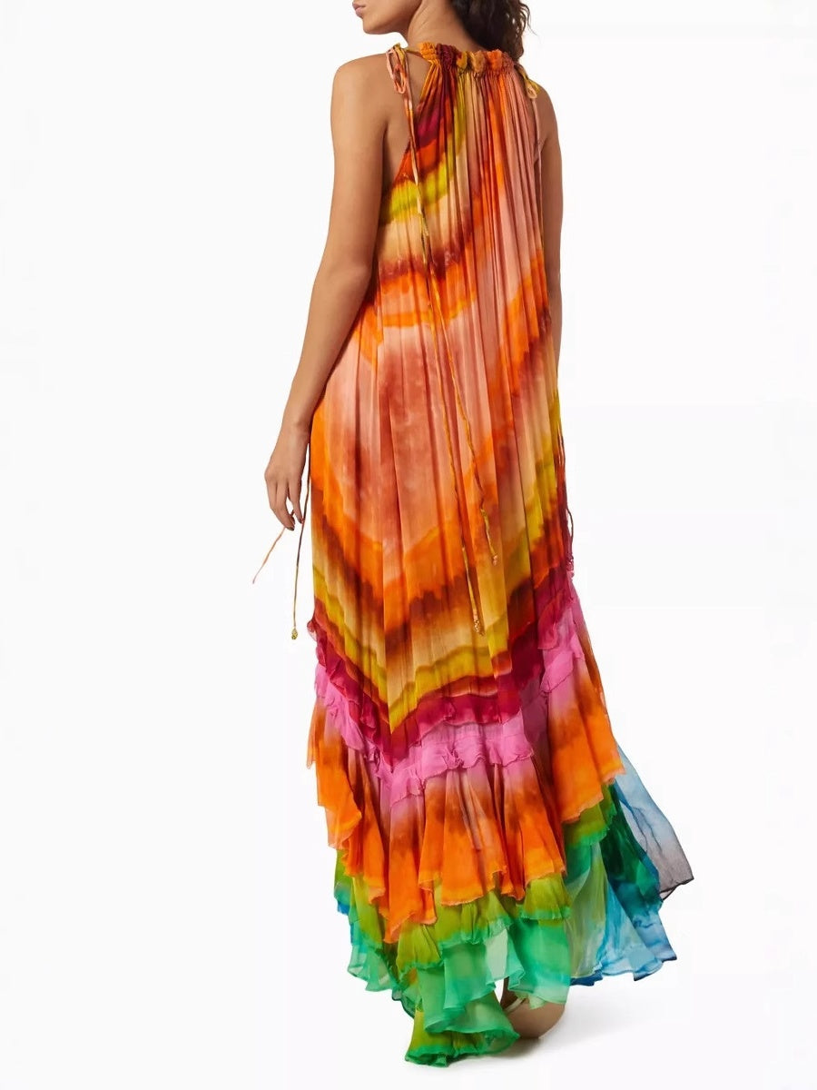 Gradient Print Sexy Off-Shoulder Puffy Long Dress