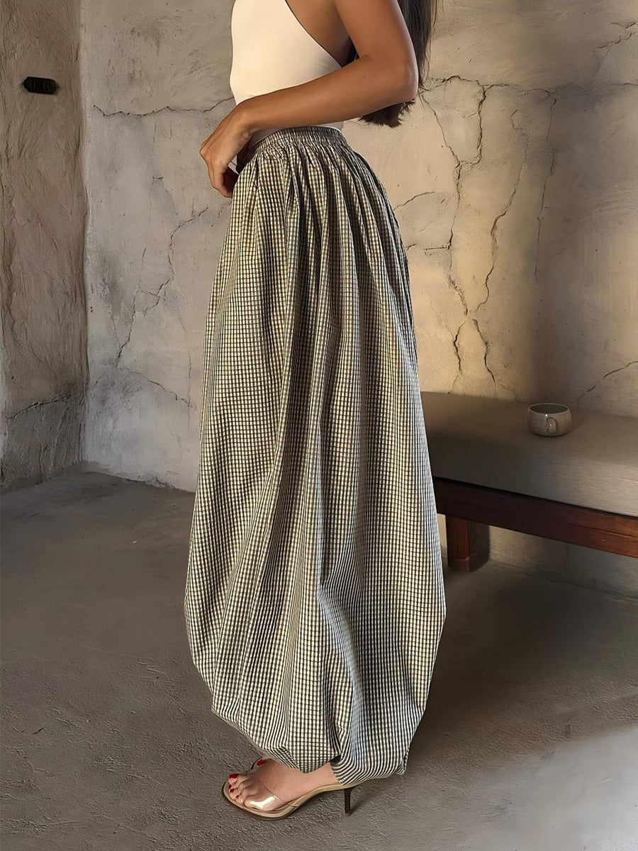 Cotton Blend Lantern Pants Plaid Breathable Leisure Pants