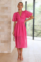Puff Sleeve Sheer Grid Check Empire Waist Button Front Midi Dress
