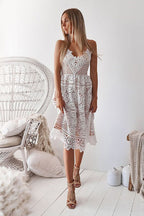 Scalloped Lace Deep V-Neck Spaghetti Strap Fit and Flare Midi Dress