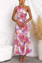 One Shoulder Cut Out Floral Print Slit Satin Maxi Dress