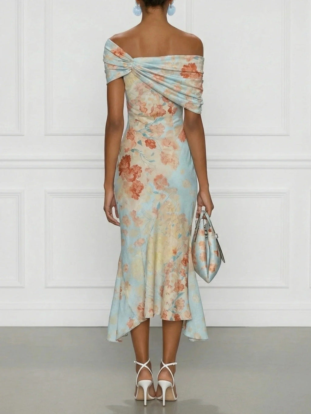 Floral Print Off-shoulder Short-sleeved Long Dress