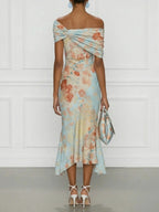 Floral Print Off-shoulder Short-sleeved Long Dress