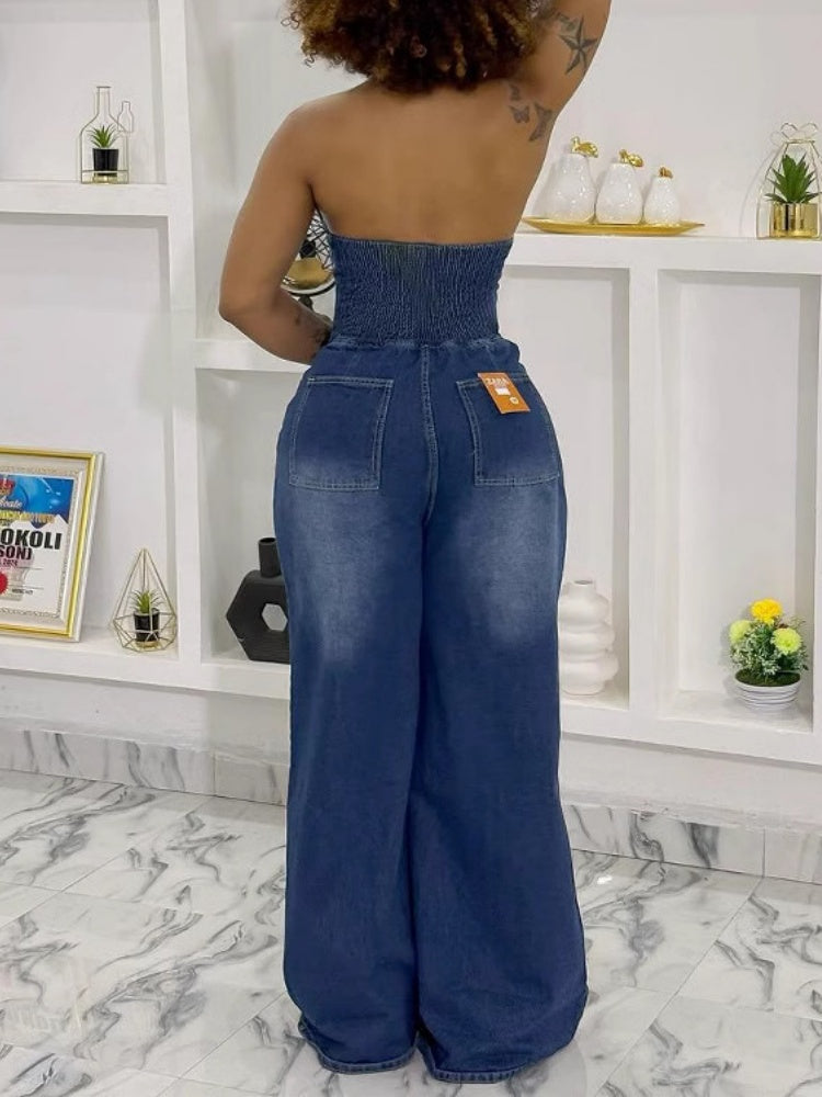 Collared Halter Neck Single-breasted Backless Denim Jumpsuit