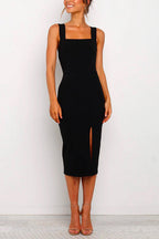 Square Collar Slit Midi Bodycon Cami Dress
