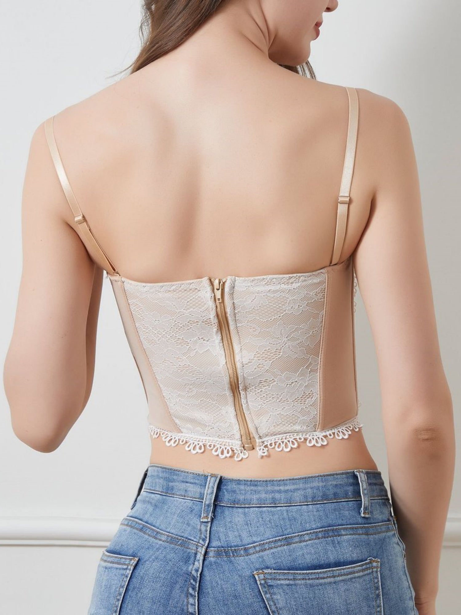 Lace Mesh Patchwork Bow Tie Fishbone Bustier With Breast Pads Tank Tops&Camis
