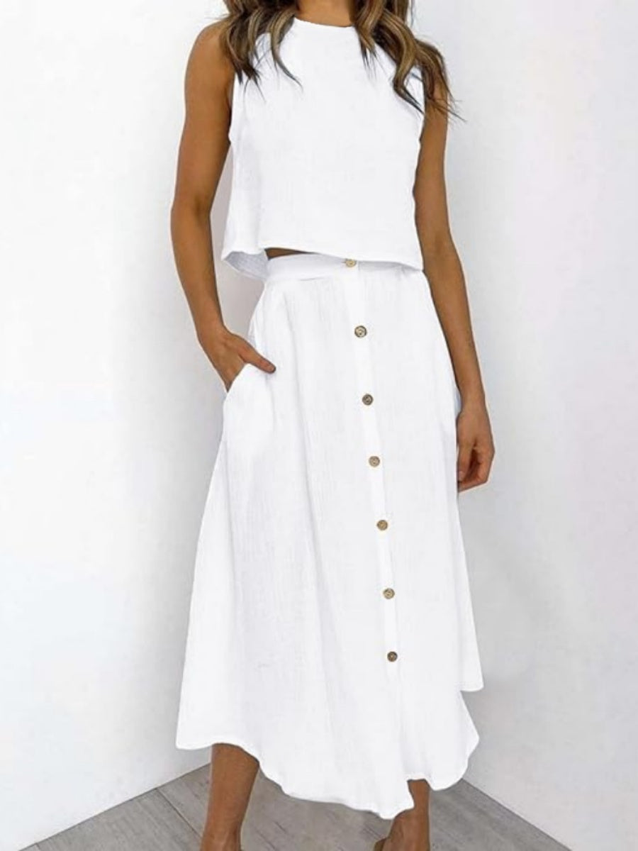 Solid Color Tank Tops Button-down Skirt Set 2-piece Sets