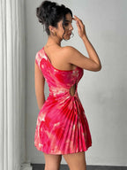 Printed One-shoulder Asymmetrical Neckline Waist-cinching Pleats Mini&Short Dresses