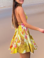 Printed V-neck Halter Neck Backless Maxi Dresses
