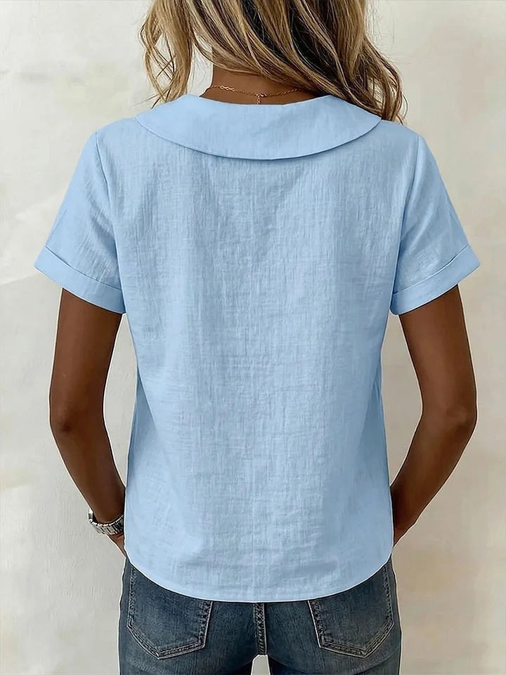 Cotton And Linen Short-sleeved Peter Pan Collar T-shirt