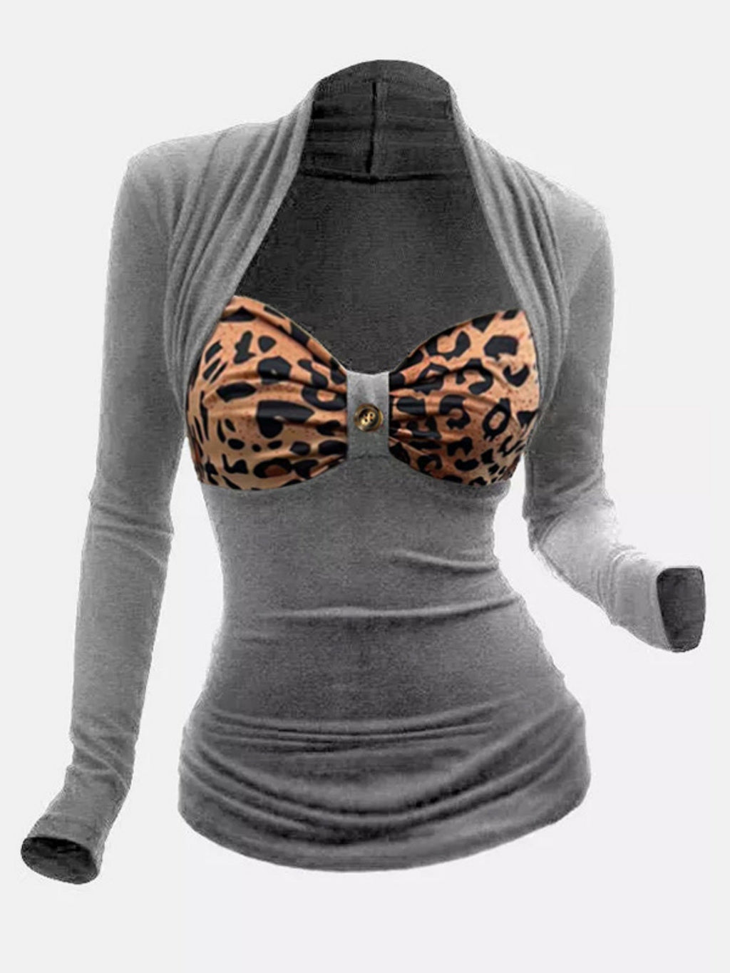 Leopard Print Patchwork U-neck Long-sleeved T-shirt