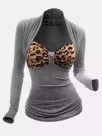 Leopard Print Patchwork U-neck Long-sleeved T-shirt