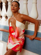 One-shoulder Floral Print Halter Dress With A Flared Neckline