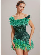 Sequined Backless Off Shoulder Feather Hip Mini&Short Dresses