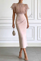 Mockneck Ruffle Short Sleeves Crop Top Back Slit Bodycon Maxi Dress Set