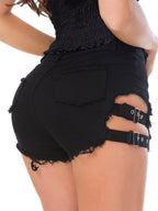 Hollow Out Rough Edges Adjustable Buckle Sexy Denim Shorts
