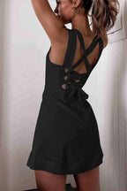 Square Neck Wide Strap Sleeveless Diagonal Tier Ruffle Mini Dress