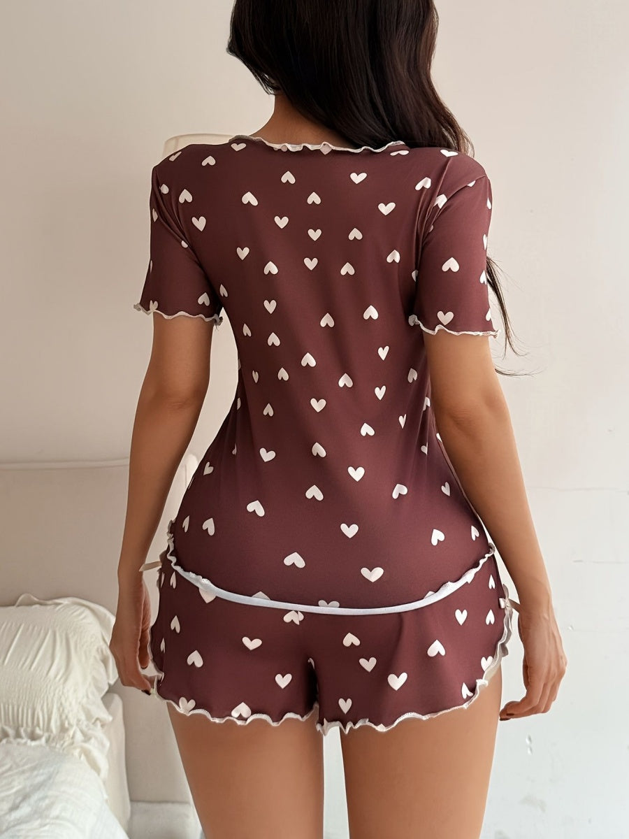 Heart-print Collared Short-sleeved Shirt And Shorts With Bow Tie - A Loungewear Set That Can Be Worn As Outerwear.