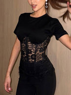 Lace Splicing Fish Bones Perspective T-shirts