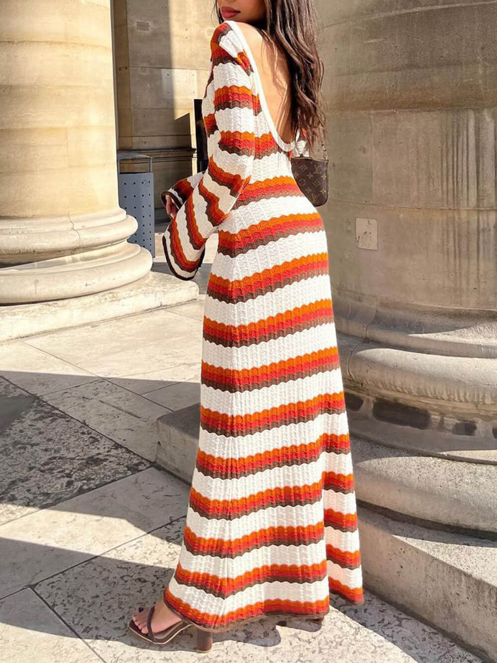 Crew Neck Wavy Stripe Bell Sleeve Knit Maxi Dress