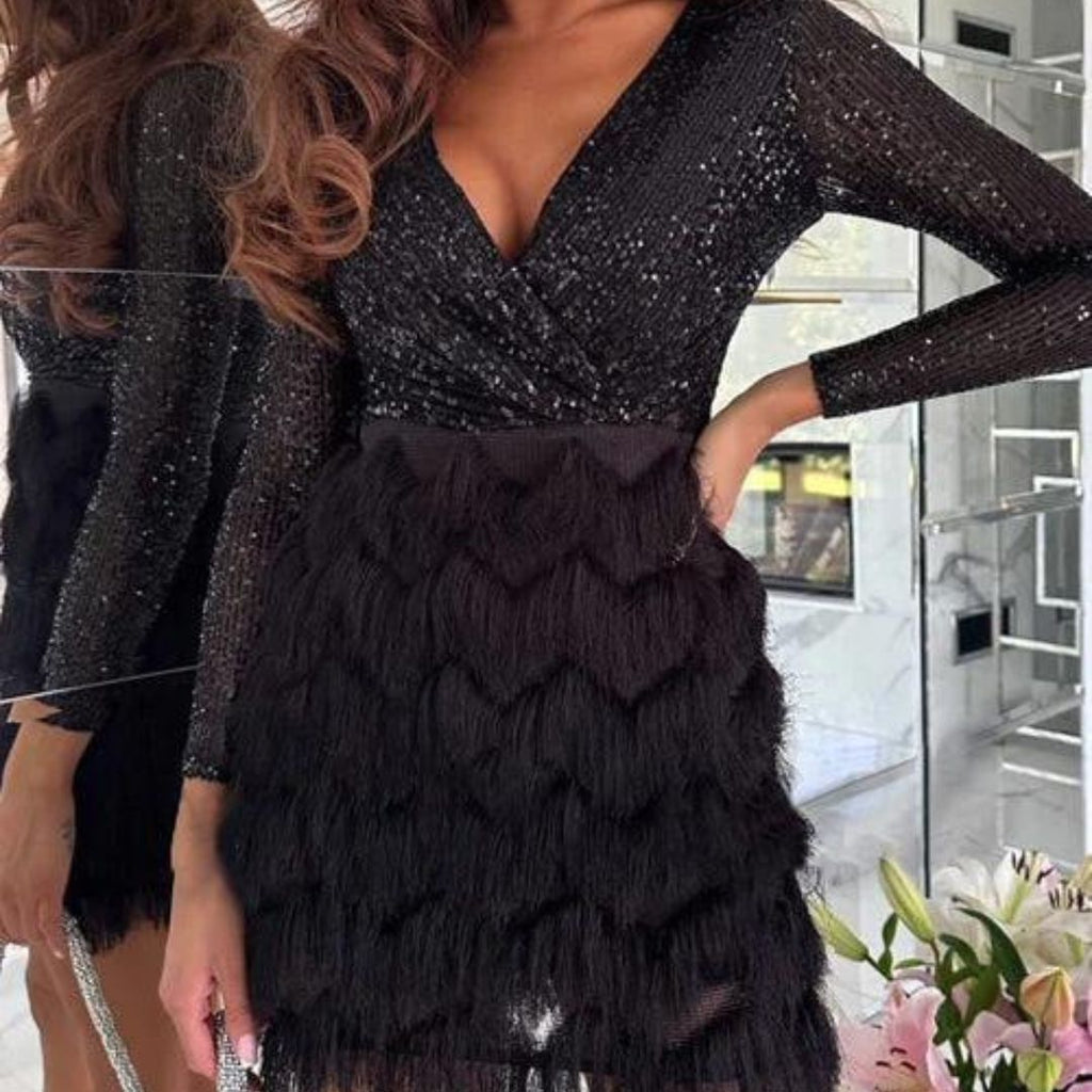 Amalberga Aesthetic Heidi Mode Sequin Dress with V Neck Statement Occasion Edit