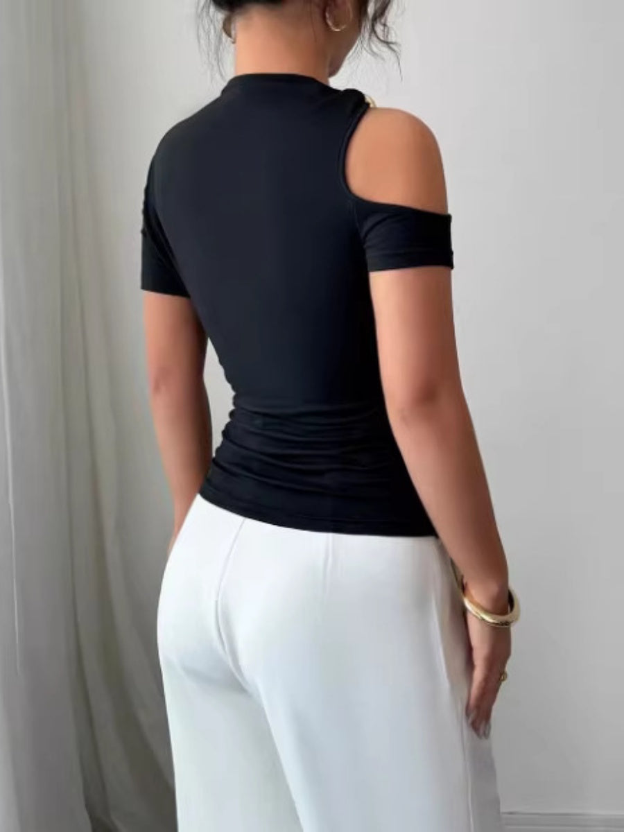 Asymmetrical Neckline, One-shoulder, Metallic Embellishment, Slim-fitting T-shirt
