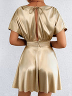 V-neck, Fitted Waist, Zippered, Glossy Short Dress