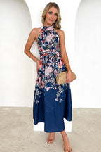 Floral Print Halter Neck Tie Waist A-Line Midi Dress