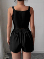 Stylish And Slimming Two-piece Set Of Button-down Vest And Shorts In Solid Color For Commuting.
