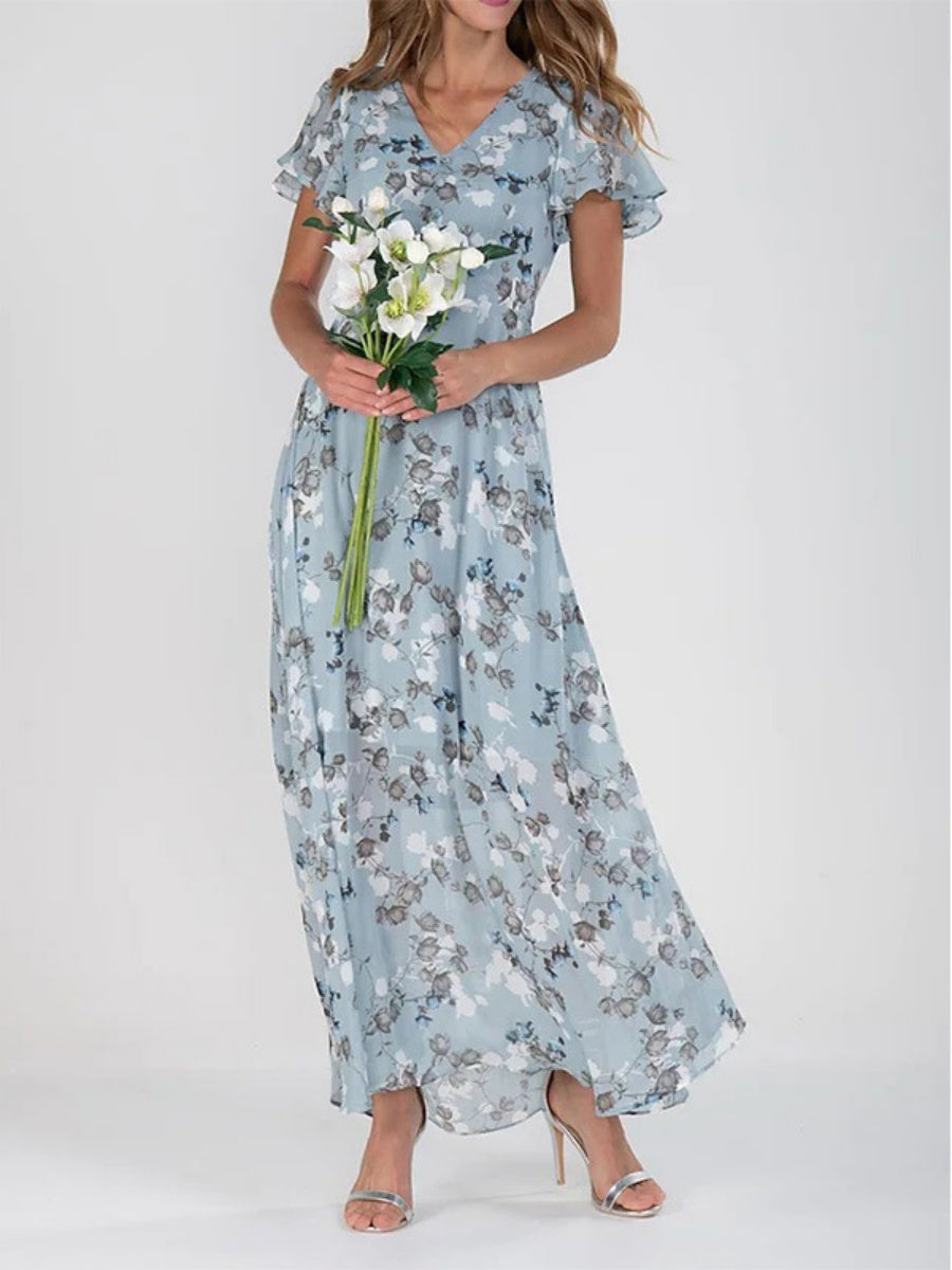Chiffon Floral Print Short-sleeved Ruffled V-neck Long Dress