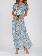 Chiffon Floral Print Short-sleeved Ruffled V-neck Long Dress
