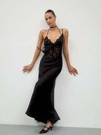 Black Lace Open Backless Halter High-waisted Long Dress