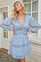 Micro Spotted Print Ruffle V-Neck Balloon Sleeve Tiered Ruffle Mini Dress