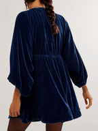 Velvet Deep V-Neck Puff Sleeve Empire Waist Mini Dress
