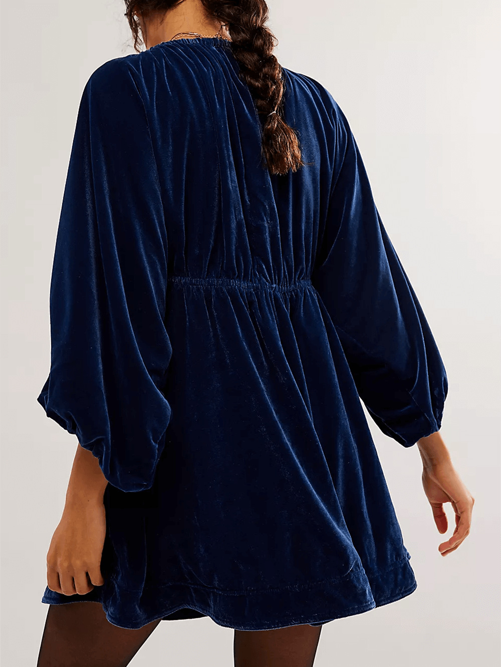 Velvet Deep V-Neck Puff Sleeve Empire Waist Mini Dress