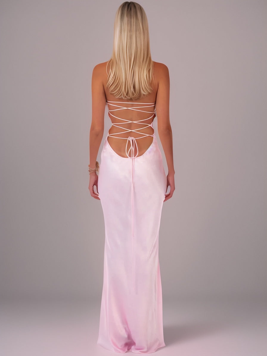 Strapless Sequined Satin Backless Tie-waist Bodycon Maxi Dress