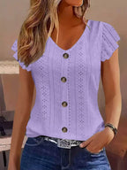 Jacquard Hollow Out Lotus Leaf Sleeves Buttons Crew Neck T-shirts
